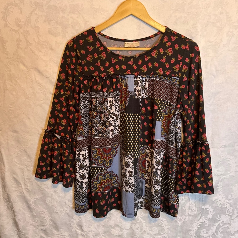 Bobbie Brooks Ladies Patchwork Floral Bell Sleeve Tunic Top Size L Cottagecore